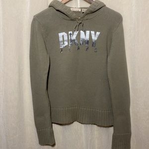 DKNY light army green Sweater with hood and front pockets connecting the.